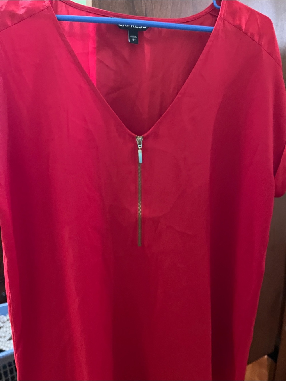 Express Red V-Neck Zip Front Blouse